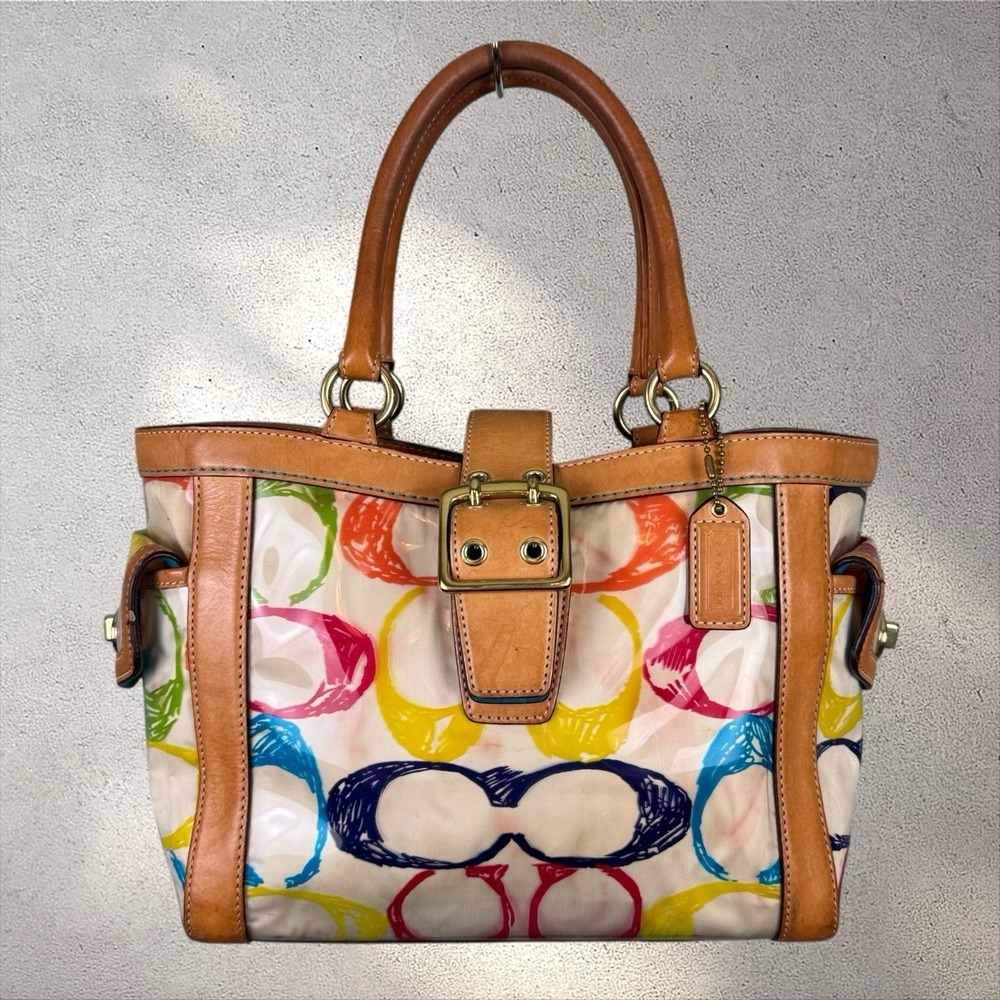 Coach Medium Shoulder Tote Multi Color Y2K Signature Logo Leather Trim C053-2152 - Picture 1 of 8